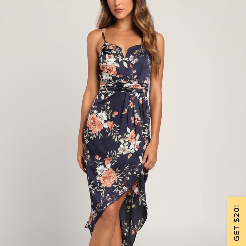 My Favorite Day Navy Blue Floral Print Tulip Skirt Midi Dress